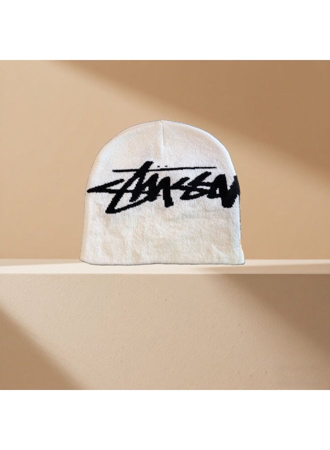 Stüssy Classic Graffiti Logo Beanie White Warm Knitted Hat for Streetwear